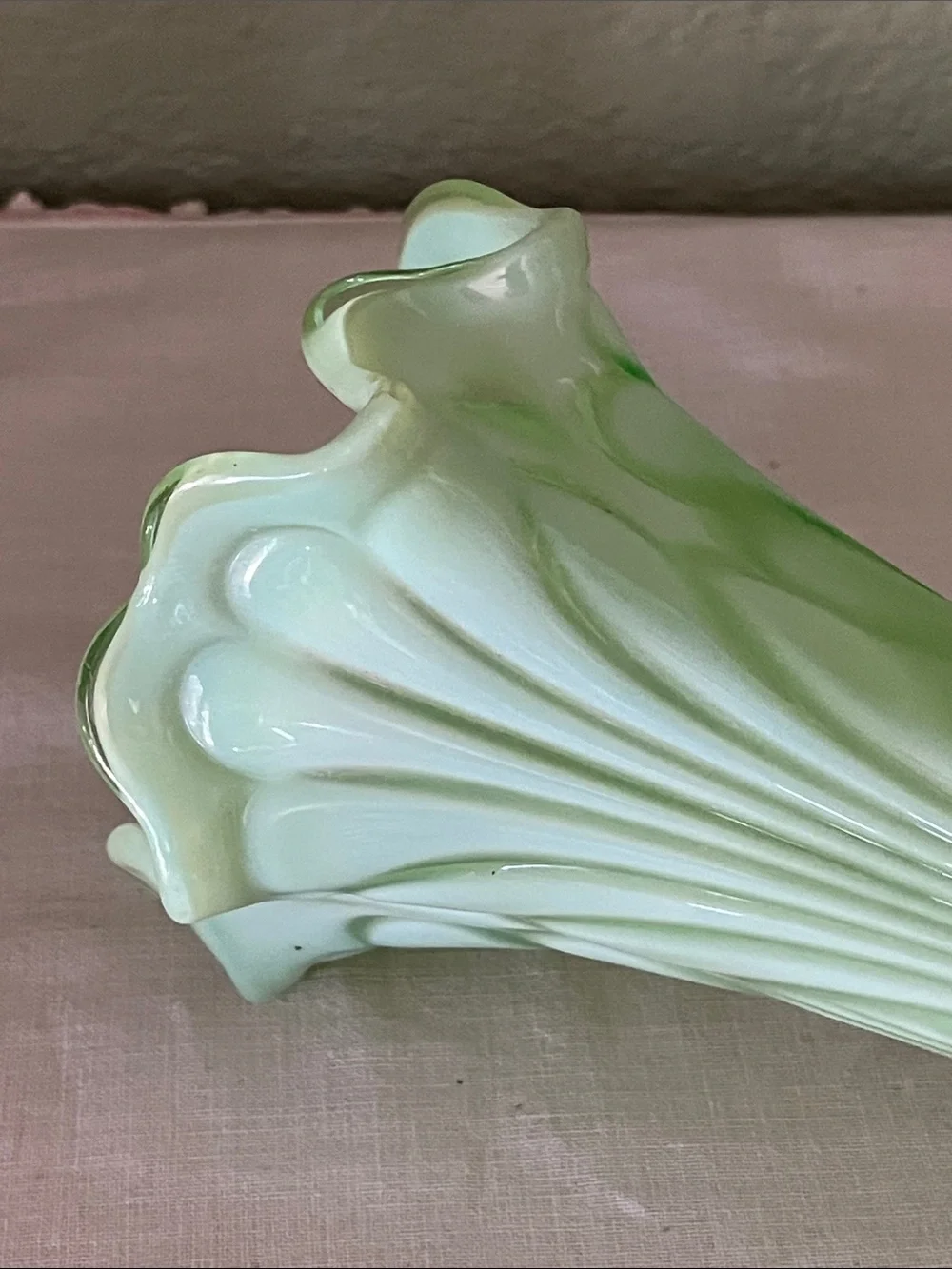 Antique Jefferson Green Opalescent Vase “Tokyo” Pattern, Seafoam Glass, 3-Footed